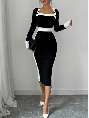 Elegant Black & White Contrast Bodycon Dress